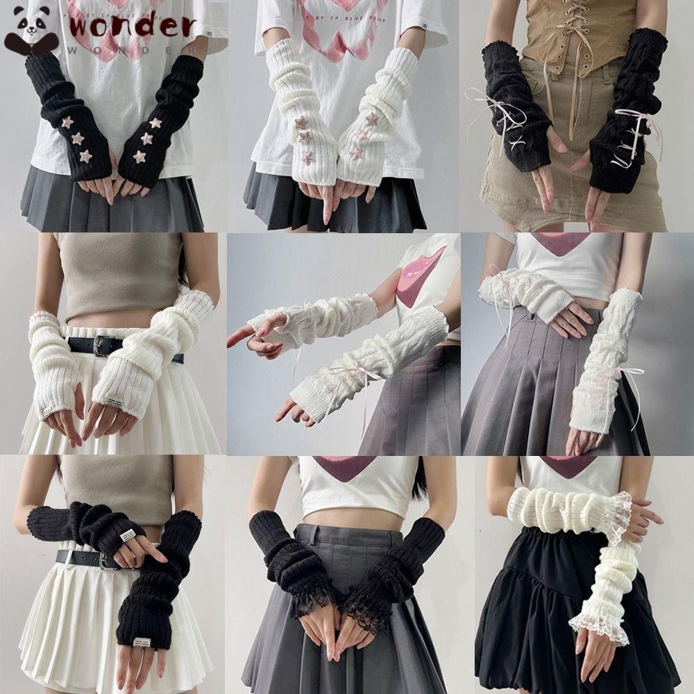 Wonder ถุงมือถัก,แขนอุ่น Fingerless ยาวถุงมือข้อมือ,JK อุปกรณ์เสริมปลอกนิ้วสีดําสีขาวข้อศอก Mittens สําหรับ Y2k เครื่องเทศหญิง