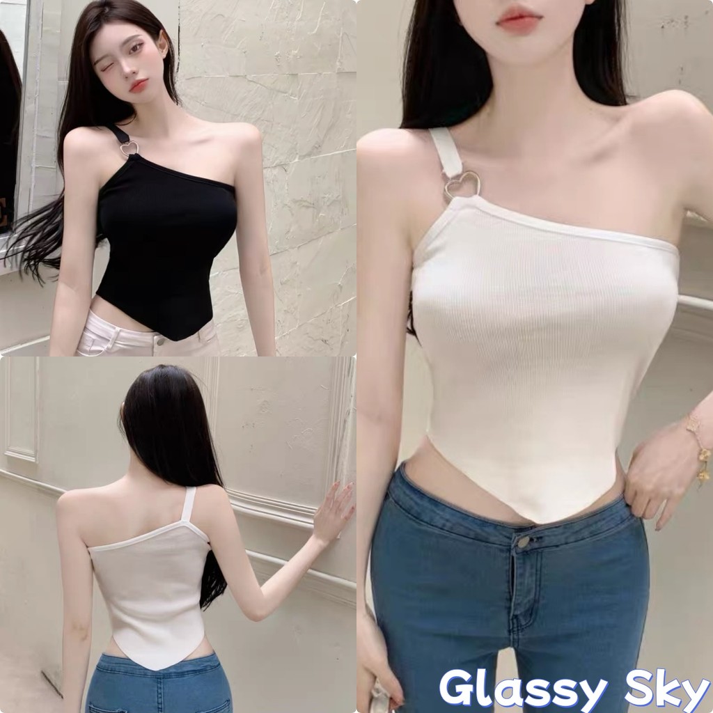 Glassy Sky💖พร้อมส่💖(7627-1)​เสื้อสายเดี่ยวไหมพรม ดีเทลสายเดียวหัวใจน่ารักมาก