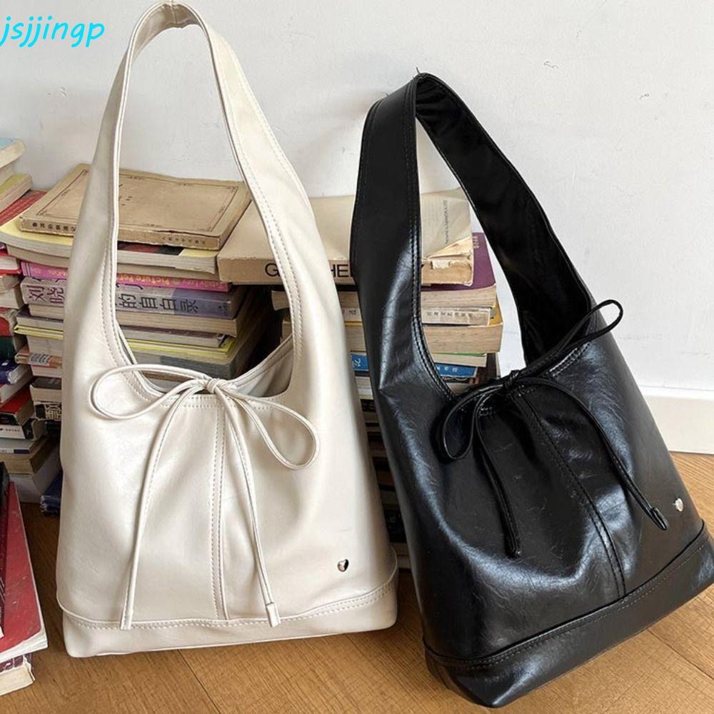 Jsjjingp กระเป๋าสะพายผูกโบว์, กระเป๋าโท้ทหนัง Pu นุ่มสไตล์เกาหลี, แฟชั่นความจุขนาดใหญ่สีบริสุทธิ์กระเป๋าถือทุกการแข่งขันหญิง