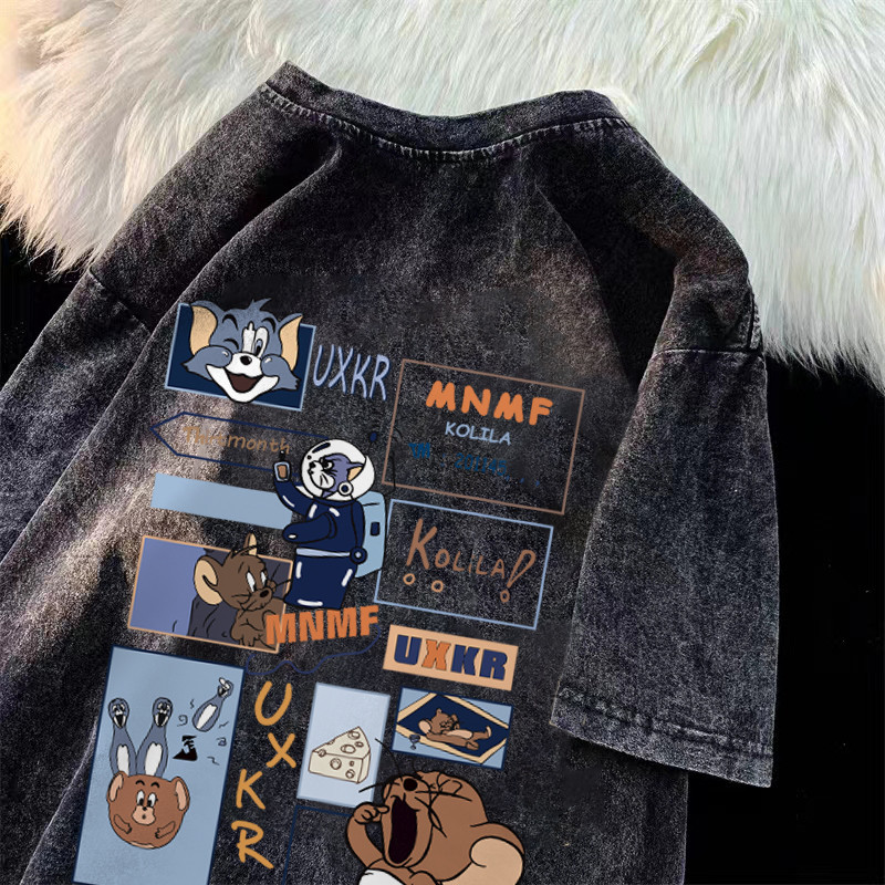 เสื้อฟอก oversize Pofloret ผ้าฝ้าย100% โอเวอร์ไซซ์ เสื้อยืดแขนสั้นการ์ตูนแมวและหนู #T1883