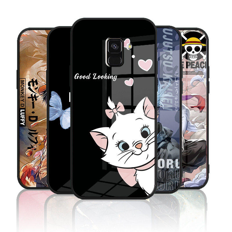 เคสกระจก Samsung galaxy A5 2018 / A6 2018 / A8 2018 / A6 plus / A8 plus / J6 2018 เคสกระจกนิรภัยฮาร์ดฝาหลังขอบซิลิคอนอ่อน
