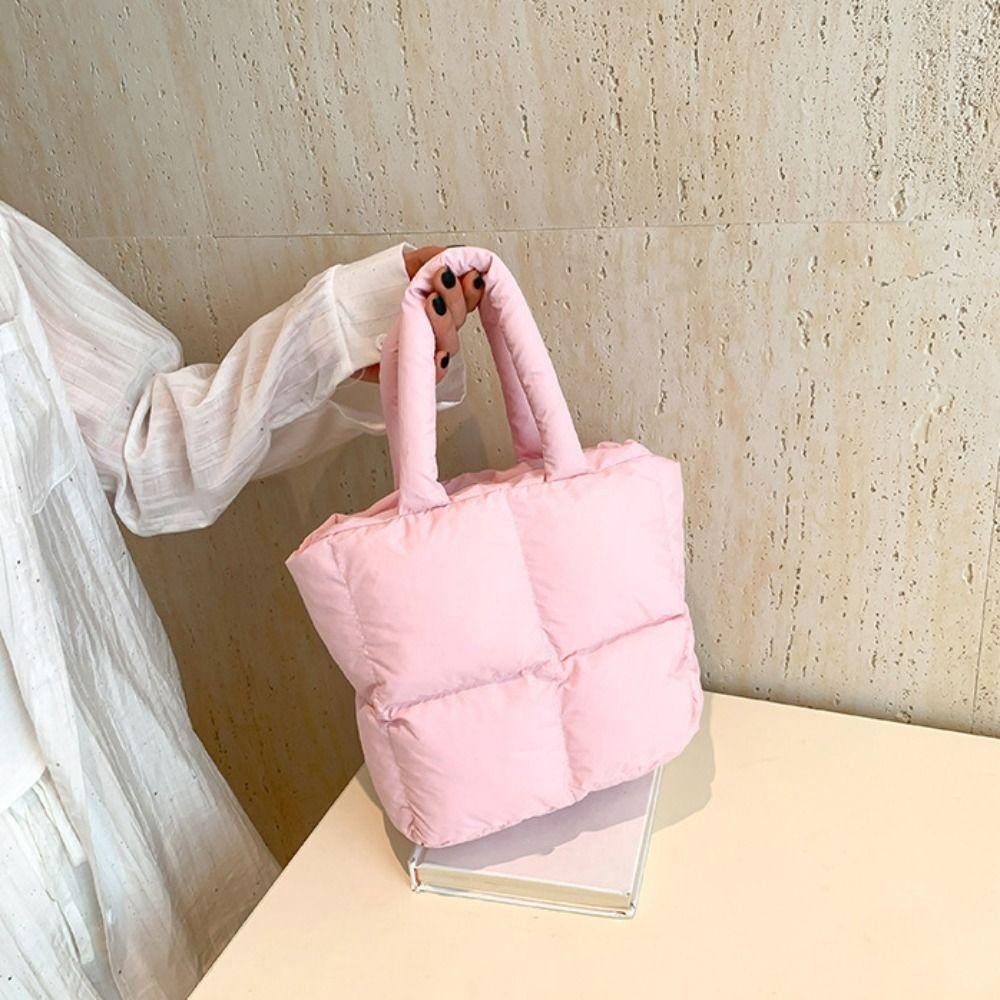 Lfinds Space Cotton กระเป๋าถือ, สีทึบไนลอน Cloud Tote Bag, แฟชั่นเบาะความจุขนาดใหญ่ Handle Puffy กระเป๋าสะพายทุกวัน