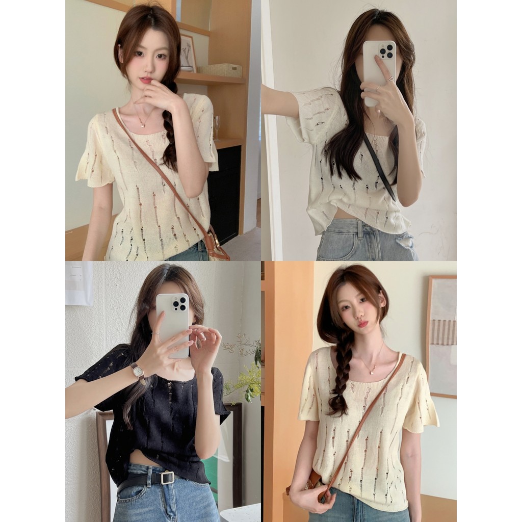 Anne เสื้อยืด สีพื้น คอกลม มินิมอลดีเทลแต่ขาดๆ ผ้าถัก เสื้อยืดแขนสั้น สไตล์เกาหลี ทรงหลวม ใส่สบาย #42CX38