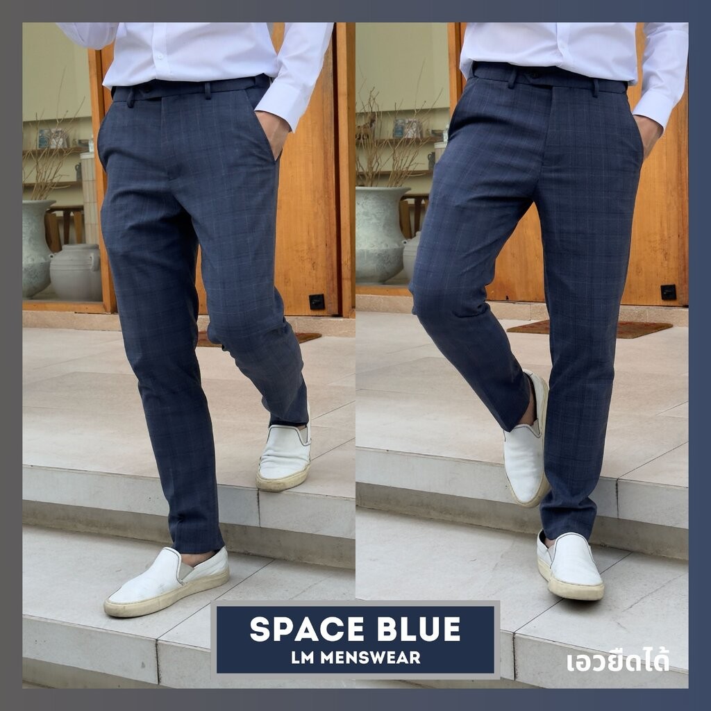 Business Check Trousers (Expandable Waistband) กางเกงสแลค ลายตาราง ทรงกระบอกเล็ก เอวยืดได้