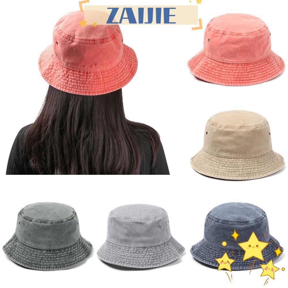 Zaijie หมวกบักเก็ตลําลอง ผ้าฝ้าย และผ้ายีน ป้องกันแดด สามารถพับได้ หลากสี แฟชั่นฤดูร้อน สไตล์เรโทร สําหรับผู้ชาย และผู้หญิง