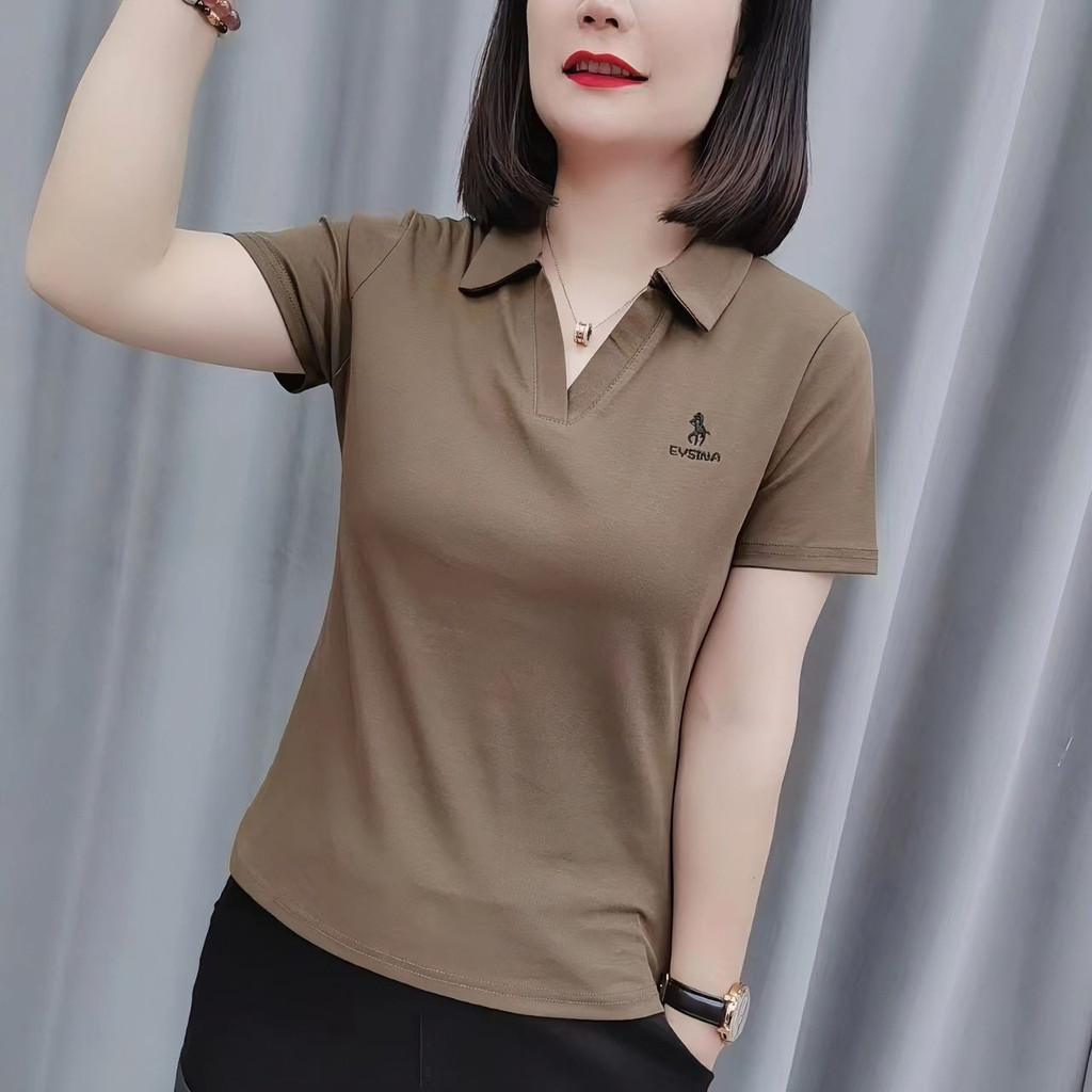 2025 ฤดูร้อนแฟชั่นสตรีระดับไฮเอนด์หลวมปักเรียบง่ายสันทนาการเสื้อโปโลเสื้อยืด