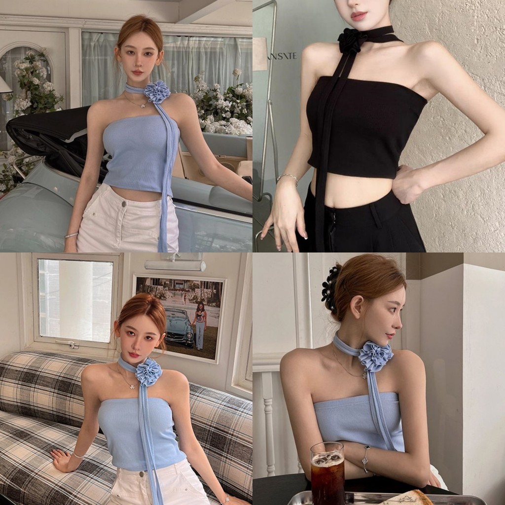 Evelyn ​เสื้อเกาะอก เซ็กซี่ คอคล้องไม่มีฟองน้ำ ใส่ง่าย แต่งดอกไม้ สีสดใส เสื้อสไตล์เกาหลี ผู้หญิง ทรงสวย#FY2590