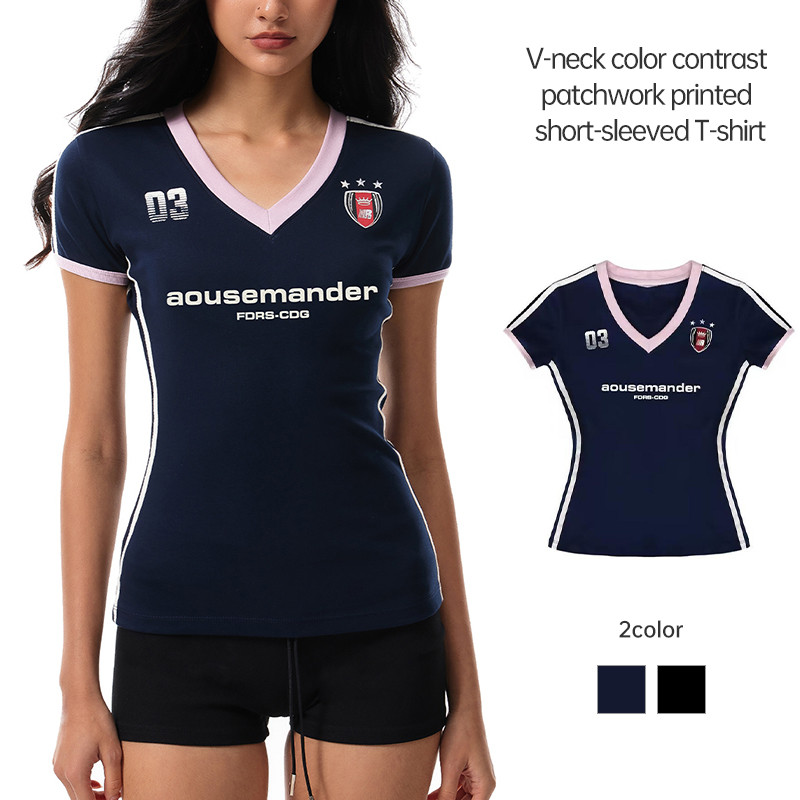 COD สินค้าใหม่ เสื้อยืดคอวีย้อนยุคเสื้อยืดแขนสั้นพิมพ์ลายกีฬาสลิมฟิตติ้งด้านบน JN