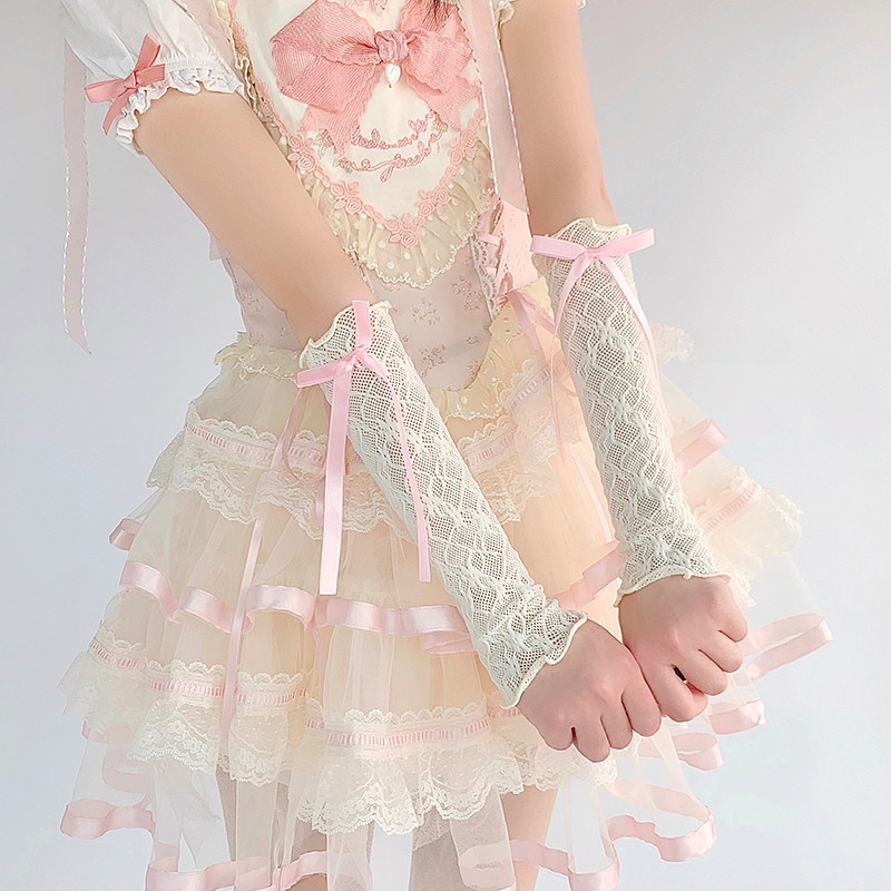 Lolita Lace Bow ถุงมือหวานบัลเล่ต์สไตล์ Y2k บางครีมกันแดด Jk คอสเพลย์แขนบาง