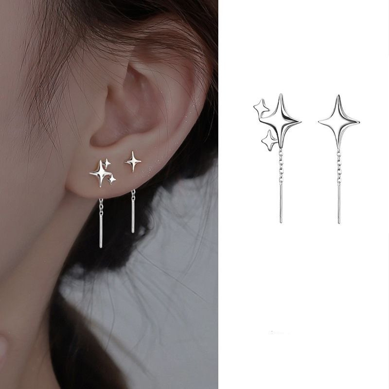 925 Silver-Plated Four-Pointed Star Ear Wire หญิง 2024 สไตล์ใหม่อารมณ์ไม่สมมาตรออกแบบหู Chain Niche ต่างหู
