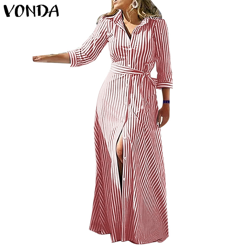Vonda ผู้หญิงวินเทจสามไตรมาสแขนลาย Tie-Ups Shirtdresses