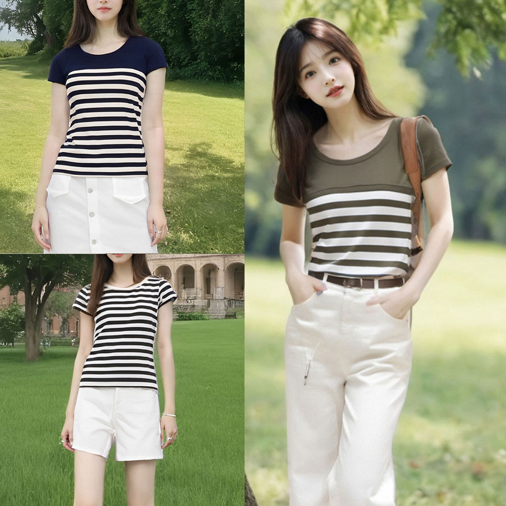 เสื้อยืดเกาหลี ลายทาง คอกลม แขนสั้น สำหรับฤดูร้อน