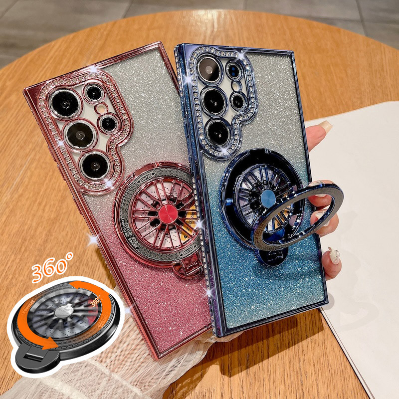 หรูหราหมุน Gyroscope ขาตั้ง Glitter Bracket เพชรสําหรับ Samsung S24 FE A55 S24 S23 S22 Plus S24 Ultra A54 A14 A15 A24 A25 A35 5G ชุบ TPU Cover