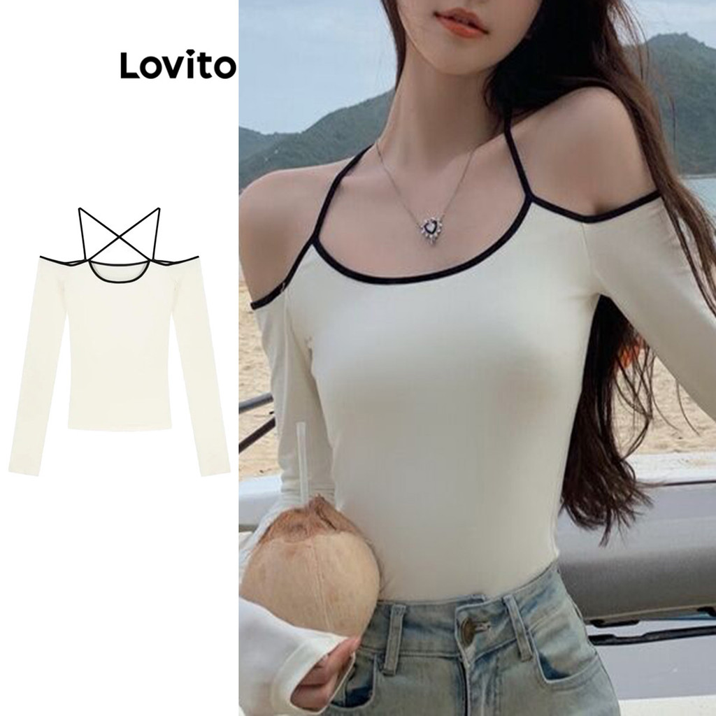 Lovito เสื้อยืดผูกคอนทราสต์ลำลองสำหรับผู้หญิง LNA75131