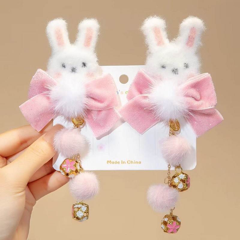 1 คู่เด็กน่ารักกระต่าย Hairclips สาวสวยโบว์โบว์ Hairball พู่ Hairpins เครื่องประดับผมสไตล์จีน