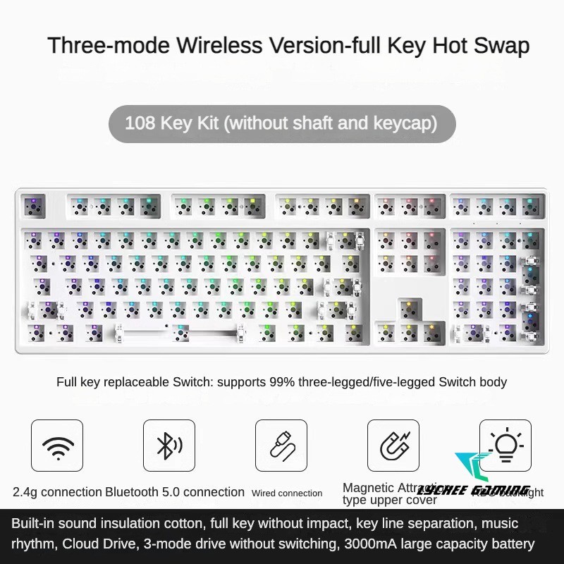 Lychee Gaming F108 คีย์บอร์ดแบบกลไกสามโหมด RGB สวิตช์ที่นั่งแทรกชุดที่กําหนดเอง DIY 2.4g ไร้สายบลูทู