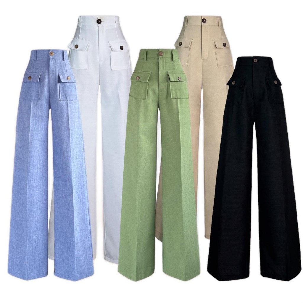 กางเกงขายาว เอวสูง ทรงกระบอก ผู้หญิง สไตล์ญี่ปุ่น รุ่น FU005 ไหมทอญี่ปุ่น สีพื้น