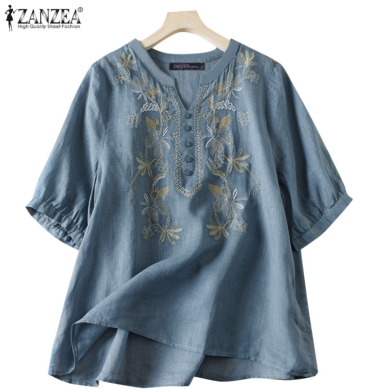 ZANZEA ใส่ ซานเซีย ผู้หญิงแฟชั่นเกาหลีคอวีเย็บปักถักร้อยพัฟแขนประดับเสื้อ