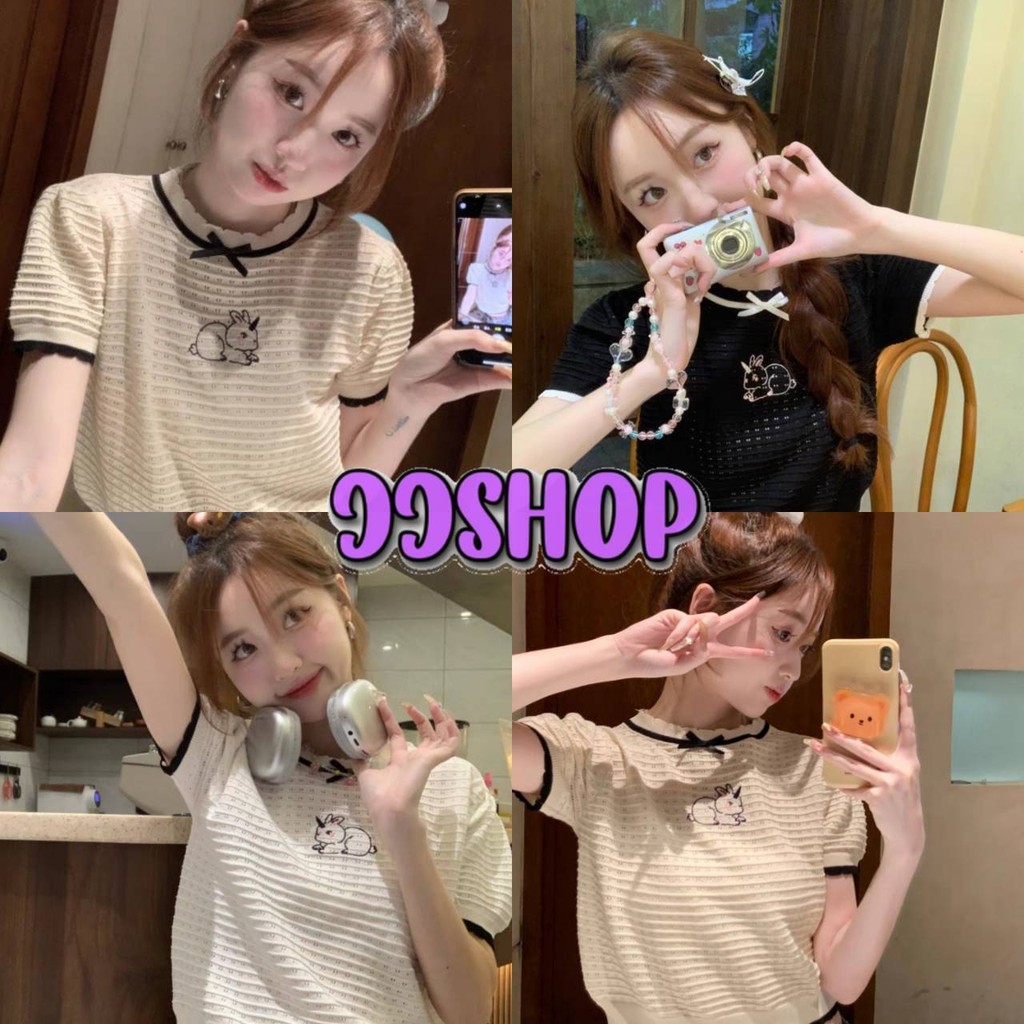 JJ Shop​ ​พร้อมส่ง เสื้อไหมพรมครอป แขนสั้น คอกลมฟิลคาวาอี้ ลายกระต่าย "YX10"