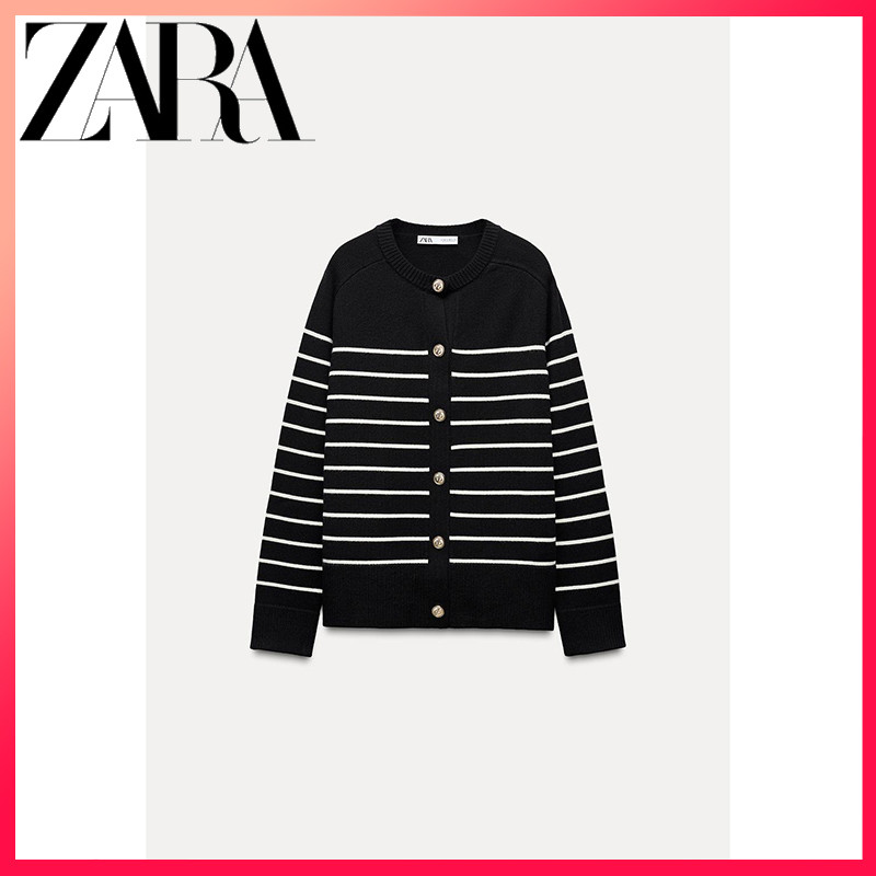 ZARA ซาร่า สินค้าใหม่เสื้อคาร์ดิแกนถักคอกลมแขนยาวลายทางสําหรับผู้หญิง