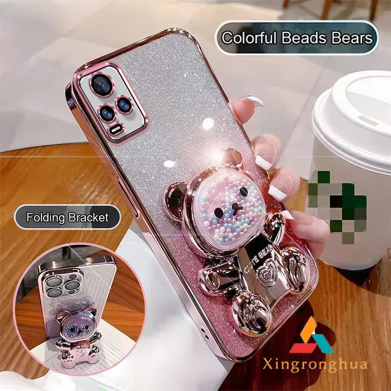 ปลอก vivo V20 V20 PRO v20se v23e v23 v21 v21e 5G เคสโทรศัพท์ TPU 3D สีสันลูกปัดหมีขาตั้งสเตอริโอซิลิโคนยืดหยุ่นหรูหรา electroplated soft case
