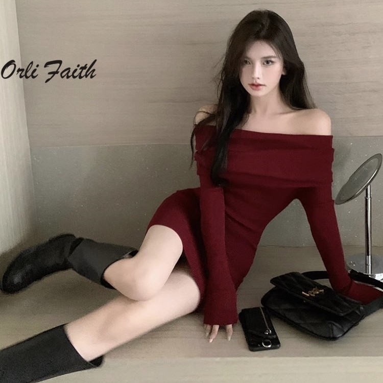 Orlifaith ผู้หญิงมินิเดรส 2024 แฟชั่นสีทึบเซ็กซี่ปิดไหล่แขนยาวชุดเข้ารูป