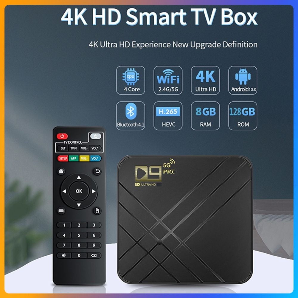 จัดส่งฟรีจากประเทศไทย D9 Pro(5G)4K กล่องทีวี Android 8GB 128G HD 3D 2.4G WiFi Google Play Youtube Media Player
