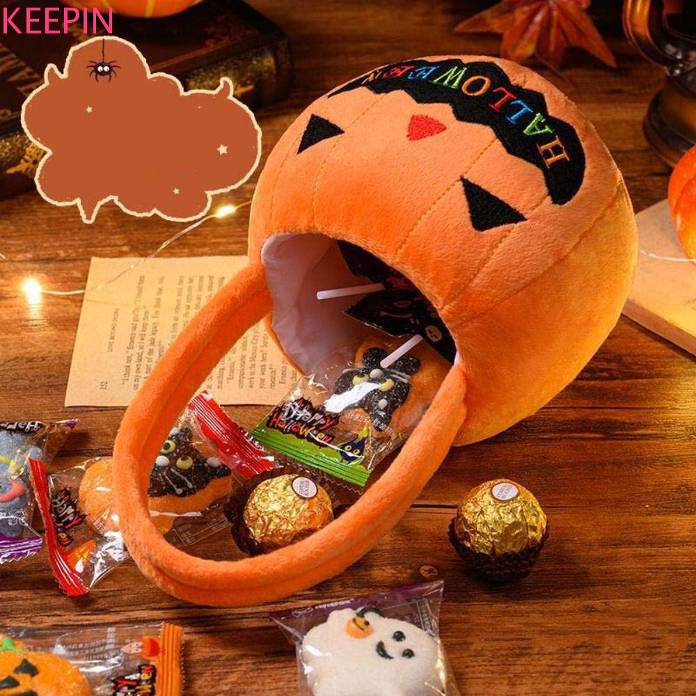 Keepin ถังลูกอมฟักทอง, เคล็ดลับหรือรักษา Plush Halloween Candy Bag, Creative ผ้ากระเป๋าถือของขวัญกระเป๋ายัดไส้ผ้าฝ้าย Tote กระเป๋าของขวัญ