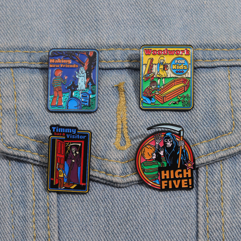 Retro Pictorial สไตล์เข็มกลัดสยองขวัญ Death Ghost ป้ายโลหะฮาโลวีน Thriller Lapel Pin เครื่องประดับอุปกรณ์เสริมของขวัญ