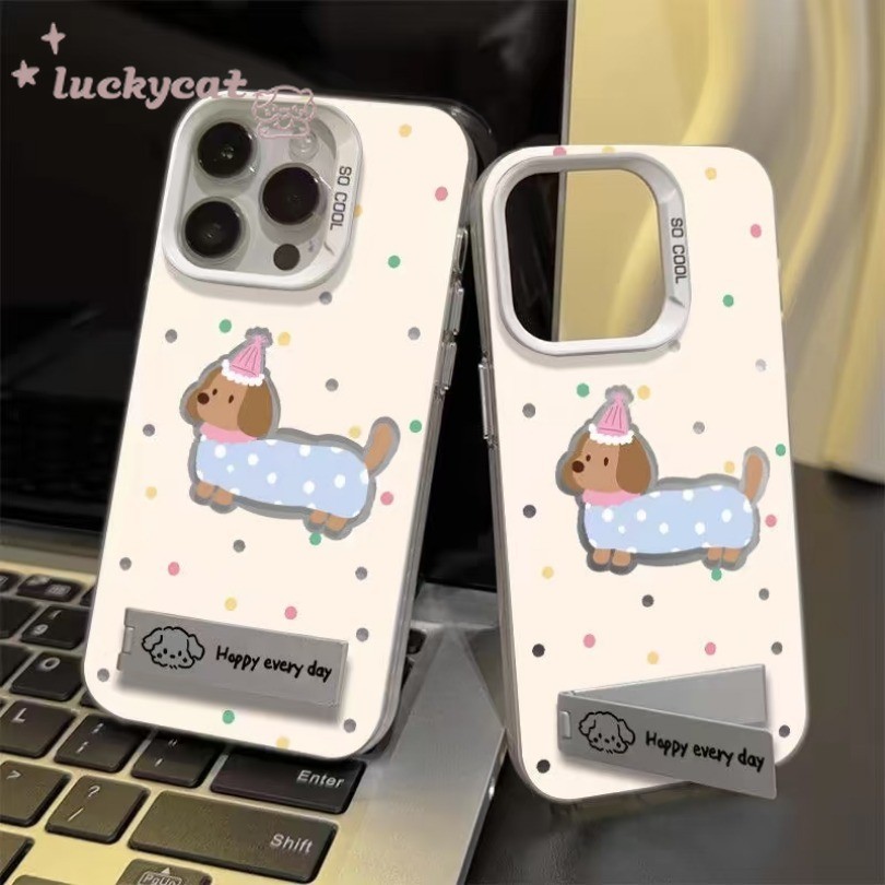 Iphone 16 15 14 13 12 11 Pro Max X Xr Xs Max 7 8 Plus SE2020 เคสโทรศัพท์ Ins สี Wave Point หมวกสีชมพูลูกสุนัขคู่นุ่ม + ขาตั้งโลหะฝาหลัง