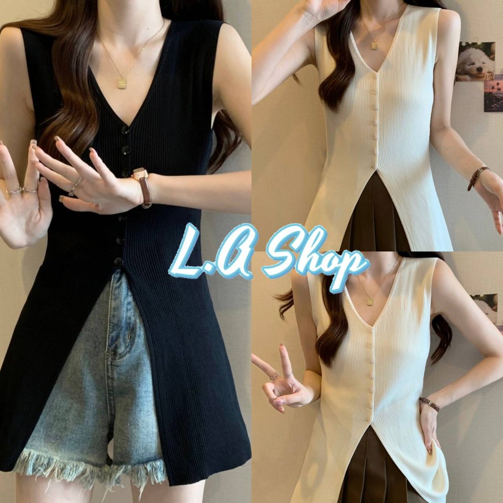 L.A Shop​-​พร้อมส่ง เสื้อกล้ามไหมพรม คอวี เกาหลีมาก ผ้าร่องเล็กใส่ง่าย "41091"