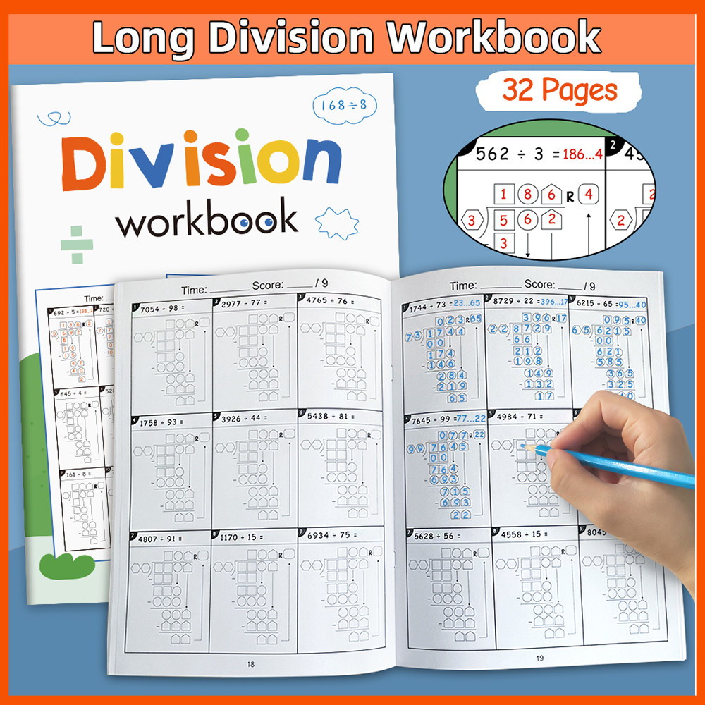 32 หน้าคณิตศาสตร์คู่หลัก Division Workbook Daily Practice Long Division Practice การศึกษาหนังสือกิจกรรมคณิตศาสตร์สําหรับเด็ก