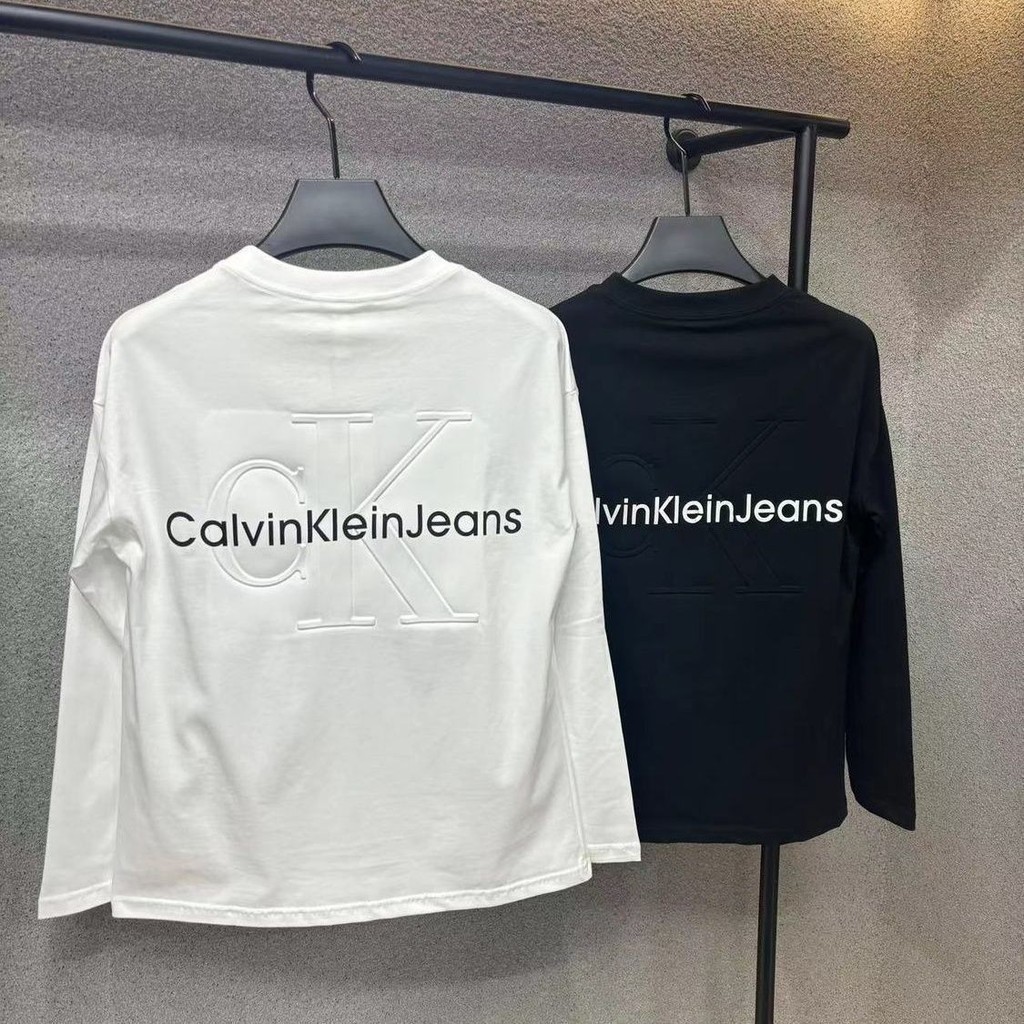 C Home Original Label 2024 สไตล์ใหม่ผู้ชายรอบคอปักนูนผ้าฝ้ายแท้แขนยาวเสื้อยืดหลวม All-Match Letter คู่แขนสั้น [Re