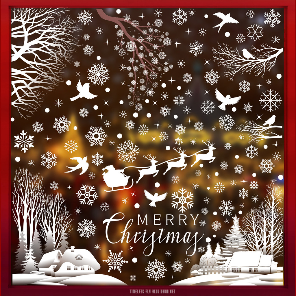 สติ๊กเกอร์หน้าต่างตกแต่งคริสต์มาส Elk Snowflake สติ๊กเกอร์ไฟฟ้าสถิต Hummingbird Igloo Merry Christmas สติ๊กเกอร์ติดกระจก