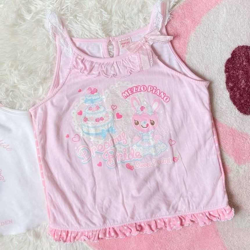 สาวน่ารักพิมพ์เสื้อยืดแขนกุดน่ารักสั้นหวานถัง