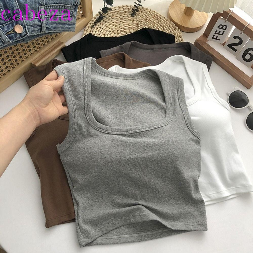 Cabeza Square Tank Top Vest,สีดําสีขาวสีเทาพร้อมแผ่นหน้าอกBra Square Collar Sleeveles Camisole,สไตล์เกาหลีสีทึบSlim Pullover Tเสื้อสุภาพสตรี