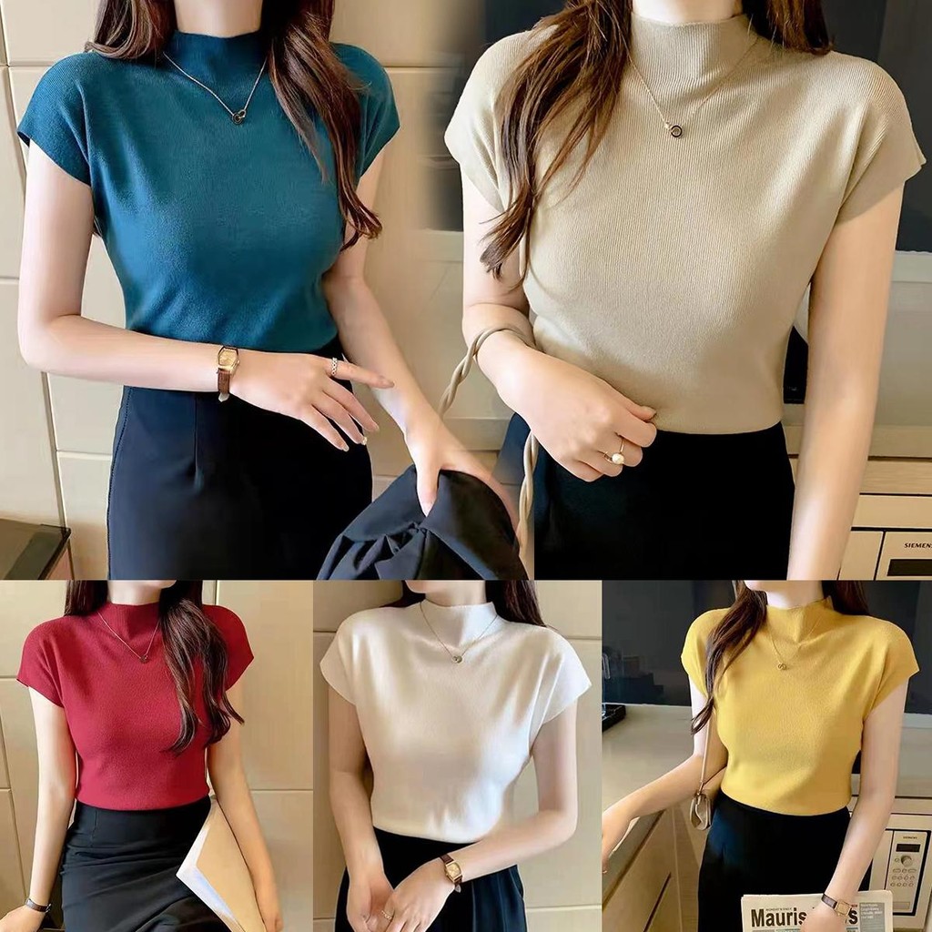 mimi&didi#เสื้อยืด แขนสั้น เสื้อครอปผ้าถักทรงสลิมฟิตครึ่งคอเต่า แฟชั่น มีทั้งหมด 9 สี สำหรับผู้หญิง#8076
