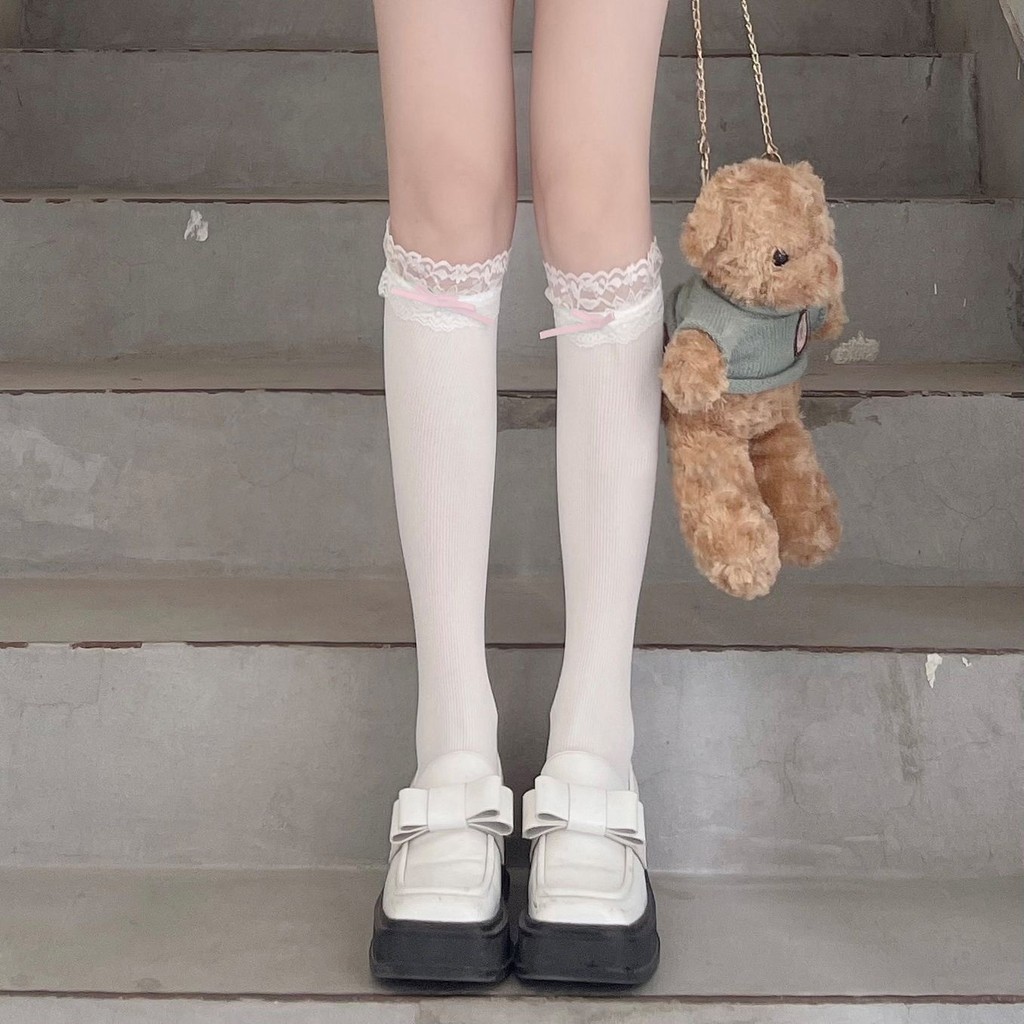ถุงเท้ายาวถึงเข่า JK สไตล์ญี่ปุ่น ถุงเท้าโบว์ลูกไม้ บางเฉียบ ระบายอากาศได้ดี เนื้อผ้านุ่ม สไตล์โลลิต้า - รูปที่ 2