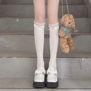 🎀พร้อมส่งในไทย🧦ถุงเท้าโลลิต้าสไตล์ญี่ปุ่น ถุงเท้ายาวถึงเข่าลูกไม้สีขาว ตกแต่งโบว์ หวานและน่ารัก