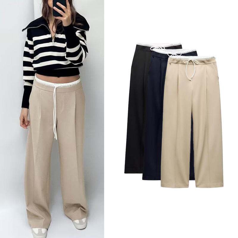Zara ฤดูใบไม้ผลิฤดูร้อนสไตล์ใหม่ยุโรปอเมริกัน Casual All-Match เอวสูง Lace-Up คู่เอวกางเกงขากว้างผู้หญิง 1608225
