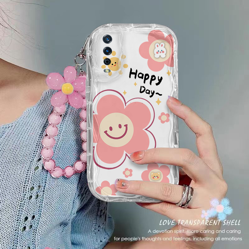 เคส Vivo Y12A Y12S Y20 Y20S Y20i ใสเคสโทรศัพท์ดอกไม้เชือกแขวนลูกปัดโปร่งใสฝาครอบโทรศัพท์กันกระแทก