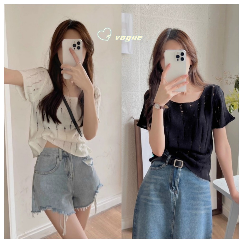 Vogue พร้อมส่ง เสื้อถักไหมพรมแขนสั้น คอกลม ดีเทลแต่ขาดๆ ผ้านิ่ม (42CX38)