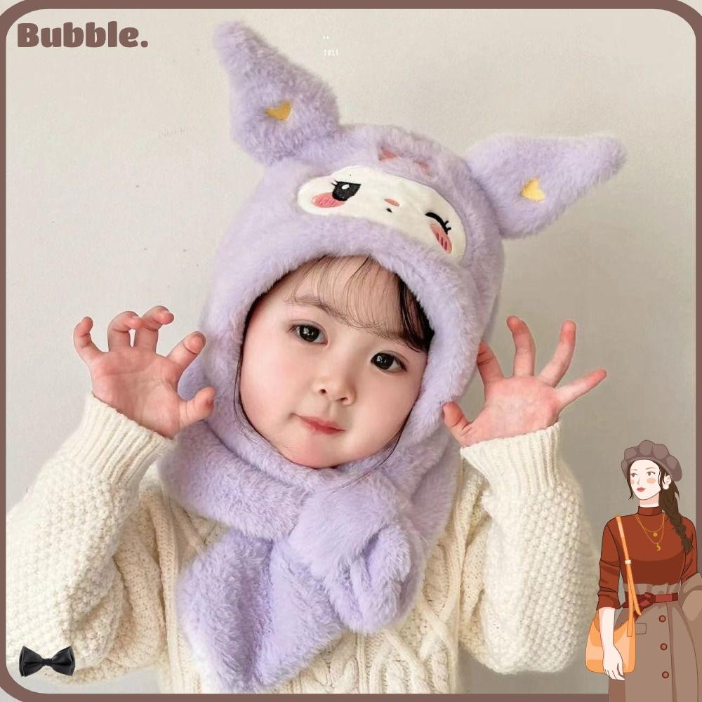 Bubble Plush Cap, อะนิเมะ Sanrio Kuromi ผ้าพันคอผ้ากํามะหยี่นุ่ม, คุณภาพสูงกันลมทนทานหมวกฤดูหนาวที่อบอุ่นสําหรับเด็ก