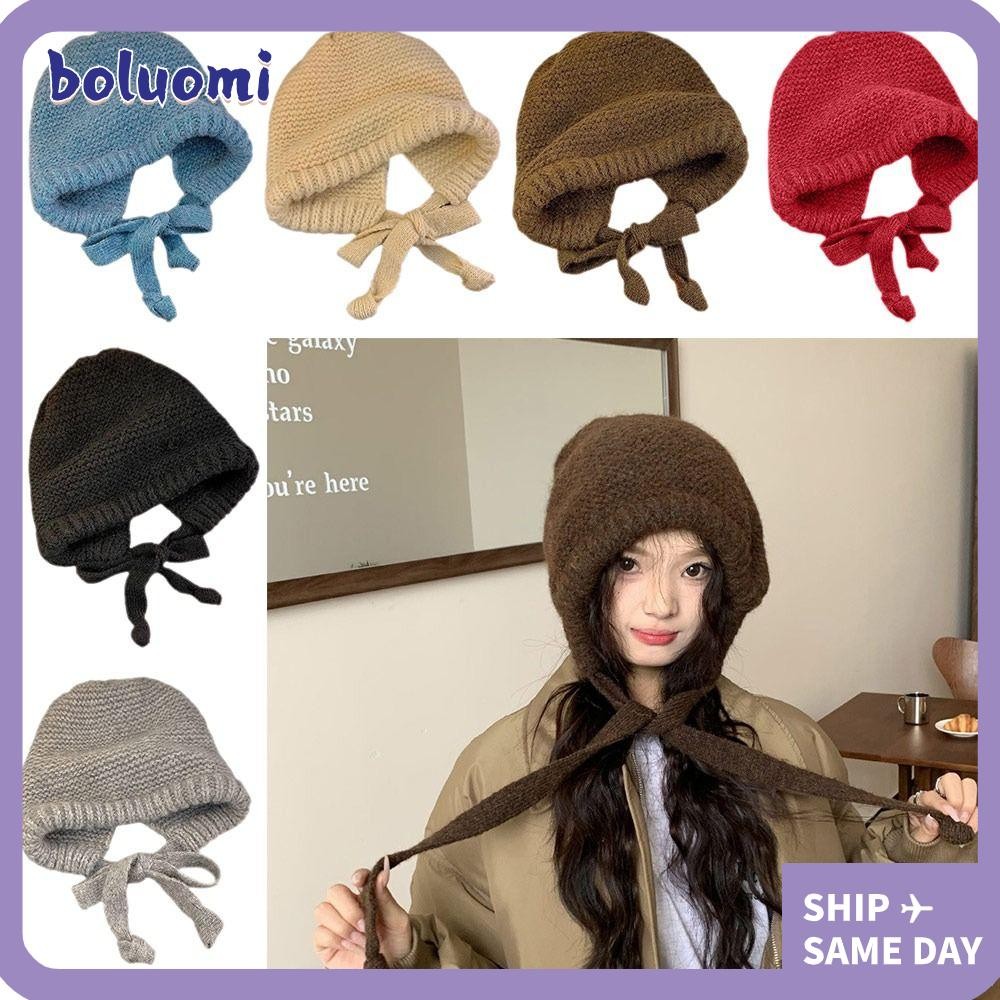 โบลูโอมิ หมวกถัก, สายรัด กันลม เชือกป้องกันหูหมวกบีนนี่, กระเป๋าผ้าขนสัตว์ที่อบอุ่นหมวกผู้หญิง