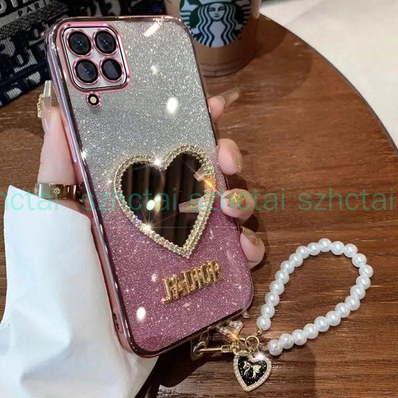 เคส Samsung A12 M12 A22 4G a22 5G M22 หรูหราเครื่องสําอางแต่งหน้ารักกระจกเคสนิ่มพร้อมสร้อยข้อมือเชือ