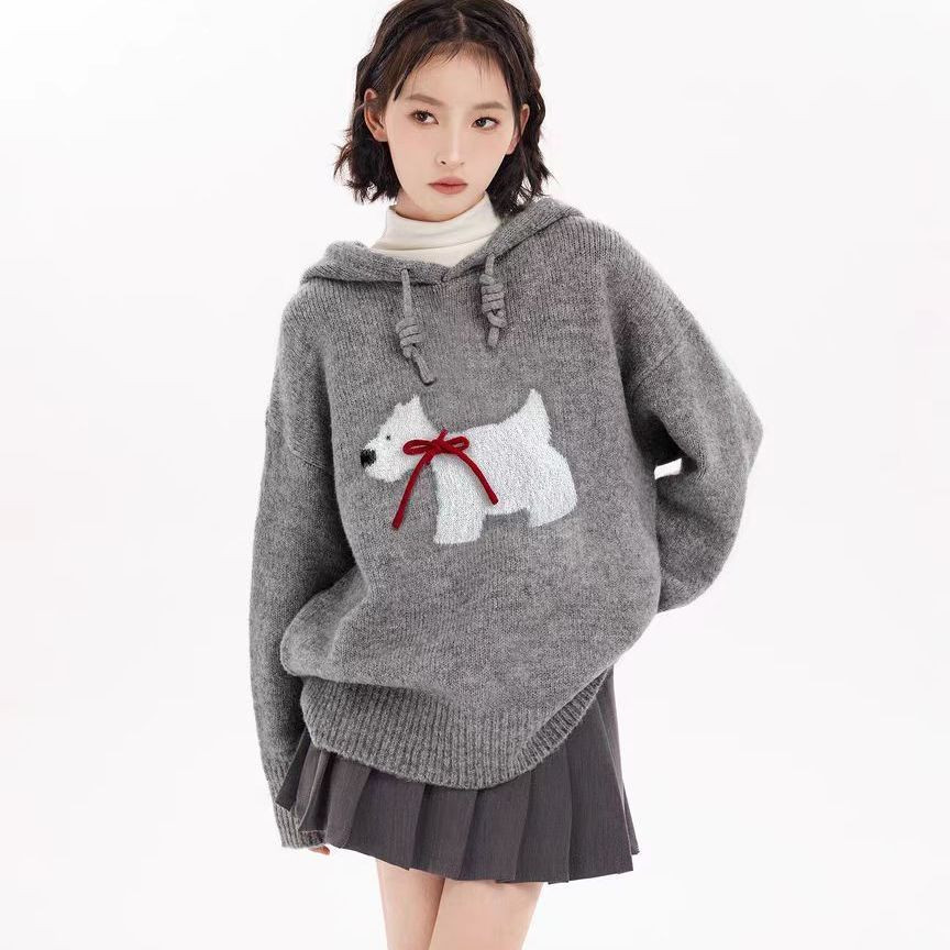 เสื้อกันหนาวผู้หญิง เสื้อแจ็คเก็ตสเวตเตอร์ถักแบบสวมหัวสีเทา