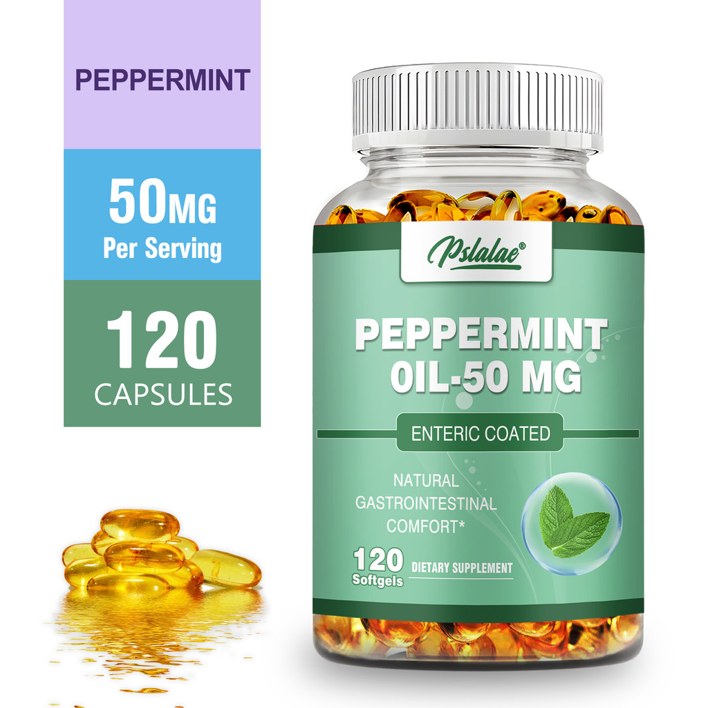 Pslalae Peppermint Oil 50 มก. - ผ้านวมระบบทางเดินอาหารธรรมชาติ, รองรับสุขภาพลําไส้, อาหารเสริมเพื่อบรรเทาลําไส้, 30/60/120 แคปซูล