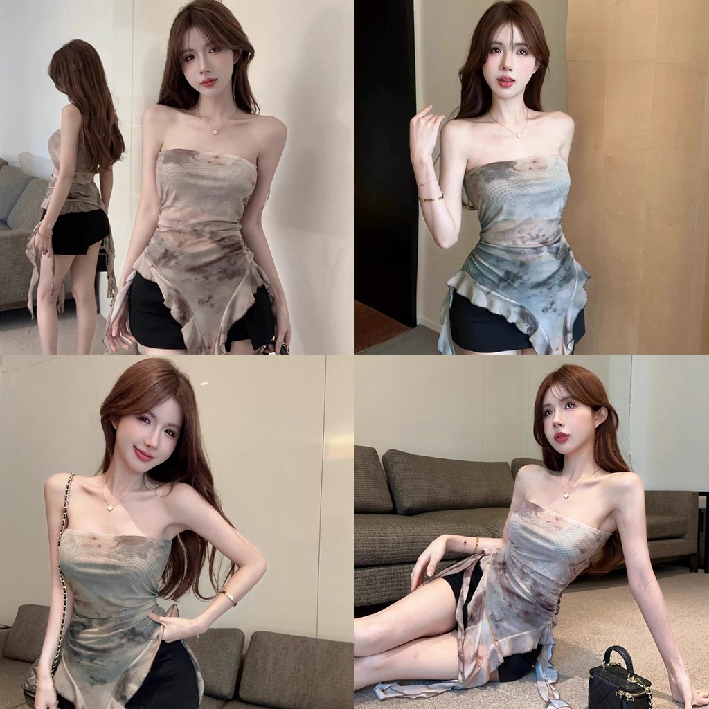 Soroh เสื้อเกาะอก เปิดไหล่ ผ้าซรีทรู เสื้อเกาะอกผู้หญิง ชุดไปทะเล เกาหลีสไตล์ ปลายเฉียงเซ็กซี่ #FY2641