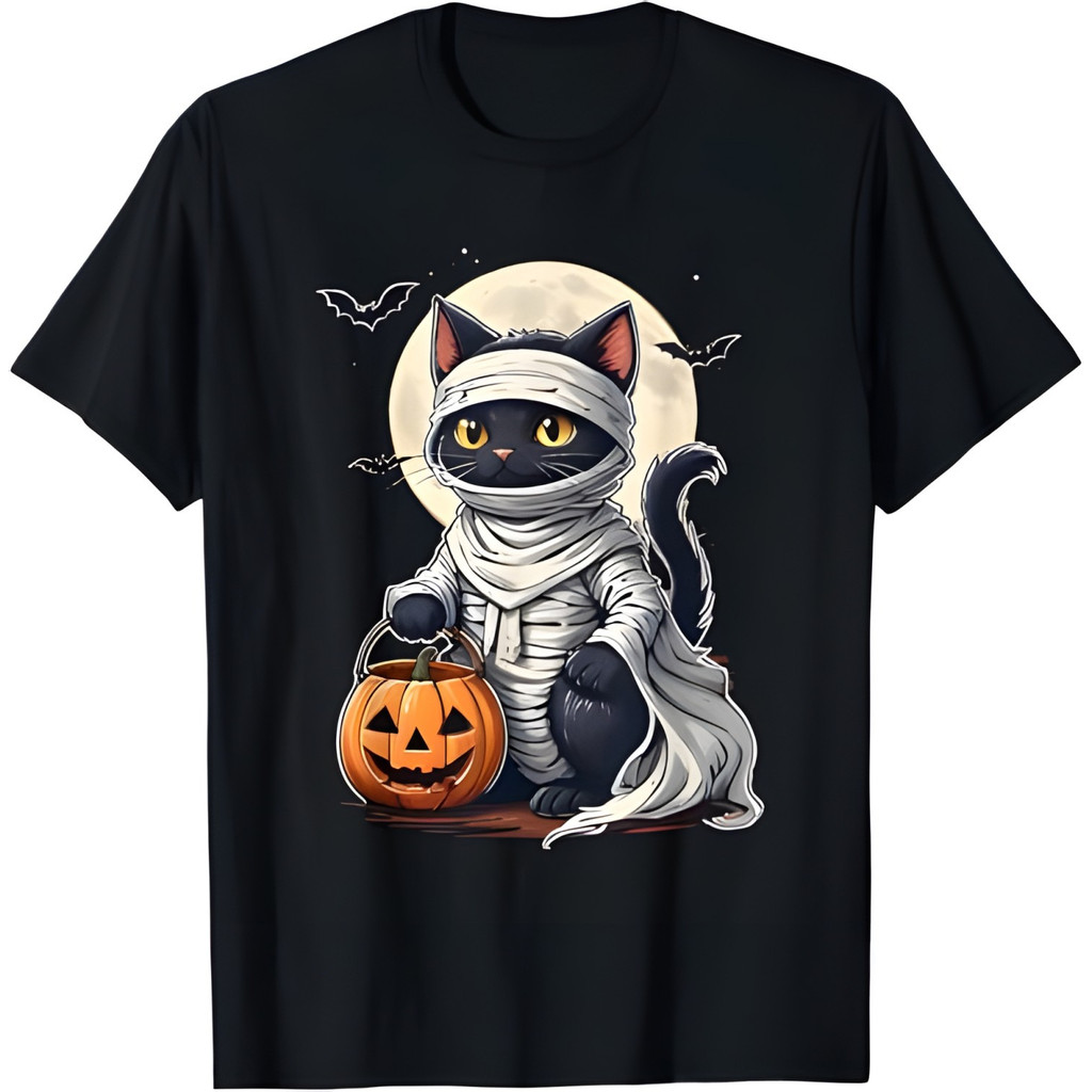 Black Cat Mummy Halloween Funny Black Cat Men เสื้อยืด