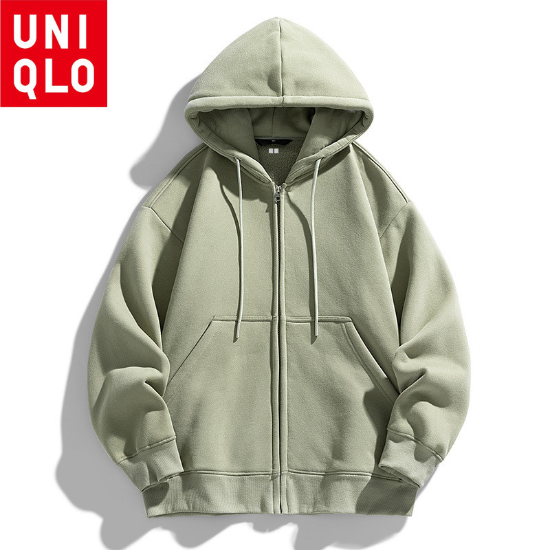 UNIQLO ยูนิโคล่ เสื้อกันหนาวมีฮู้ดทรงหลวมสีทึบแบบอเมริกันเสื้อฮู้ดมีฮู้ดมีซิปลําลองผู้ชายขนาดใหญ่เรียบง่ายสบายและอบอุ่น